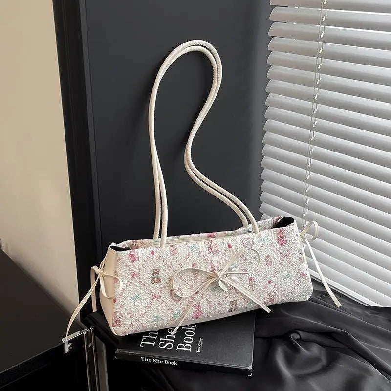 Sweet Bow Shoulder Bag Cartoon Print Underarm Bag Female Tote Bag Versatile Large Capacity Commuter Handbag Holiday Gift Qme