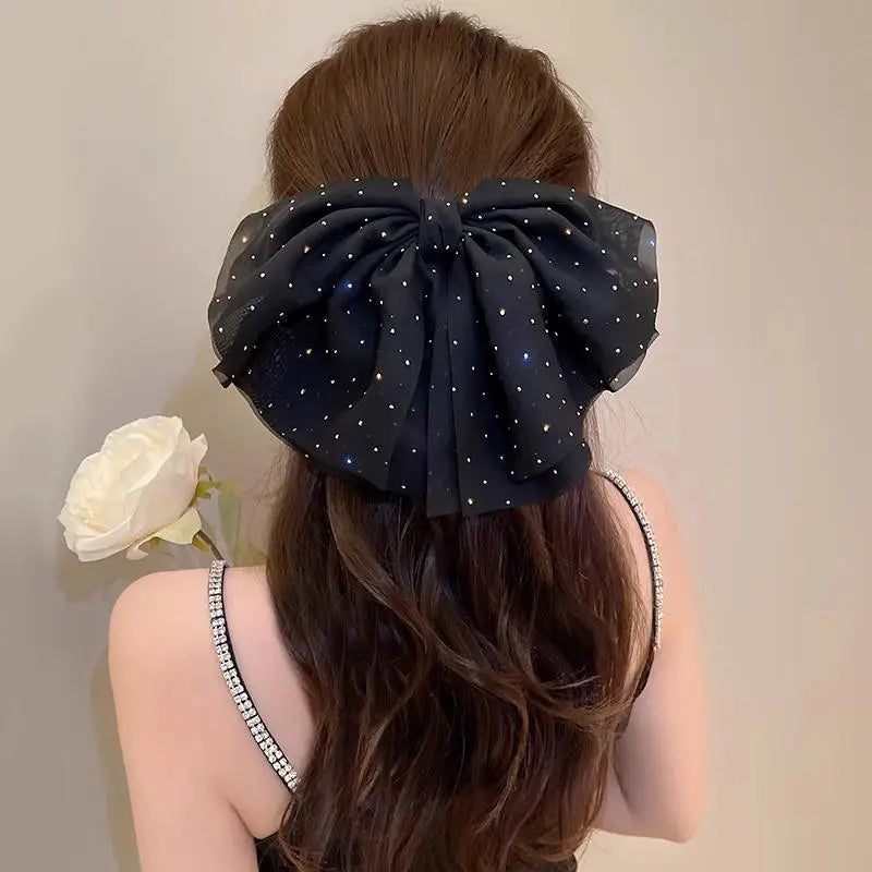 Elegant Temperament Mesh Hair Clip Woman Rhinestone Large Bow Hairpin Qme