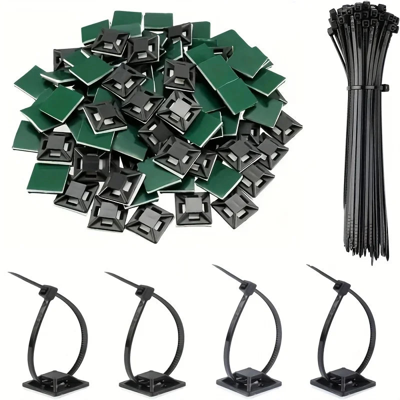 100Set Zip Tie Mounts Self-Adhesive Backing Cable Organizer Management Clips Wall Anchors for Secure Wire Holding Light Fixation Qme