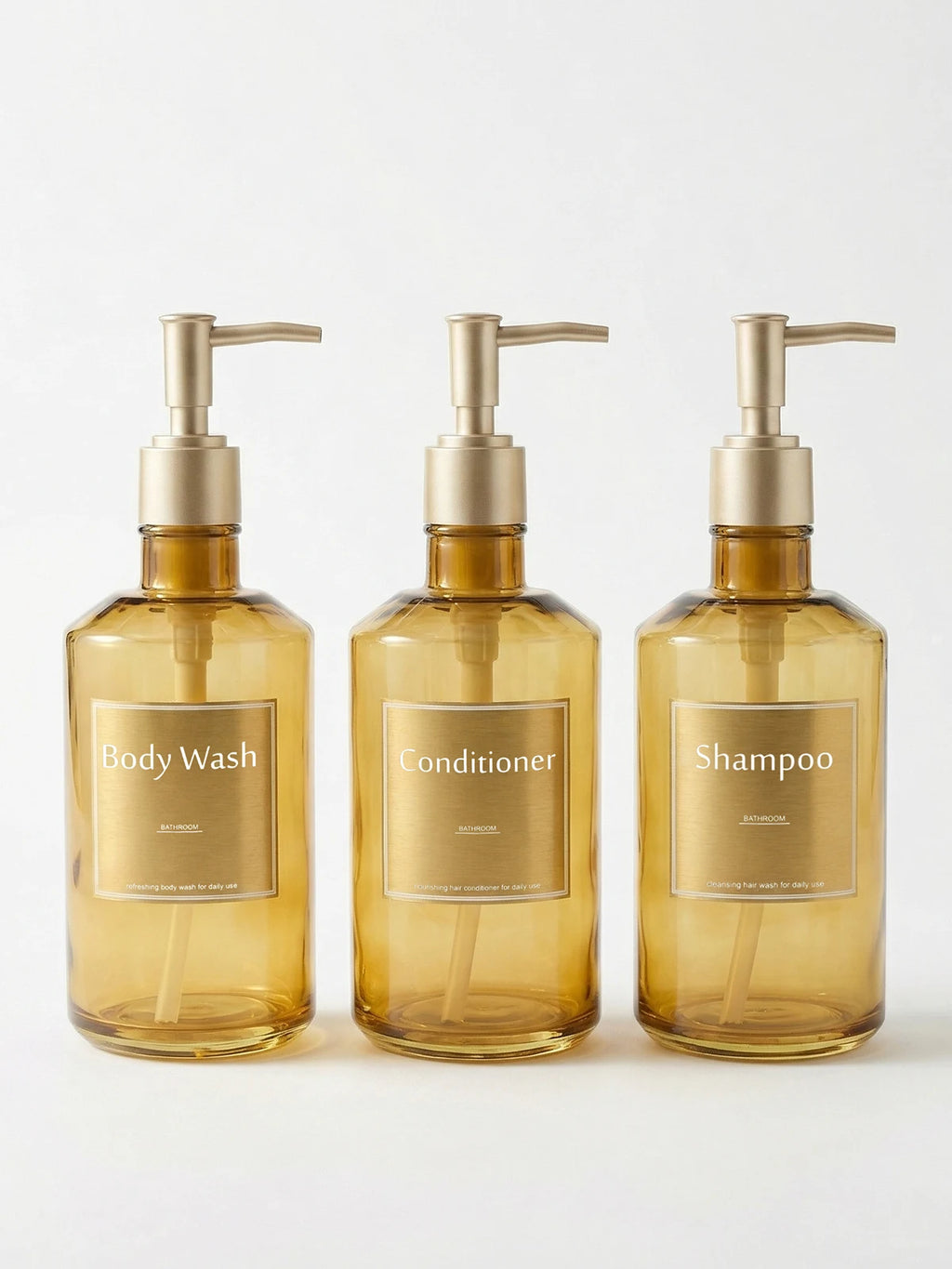 3PCS Shower Soap Dispenser Bottles with Waterproof Labels, Luxury Guest Bathroom Decoration Gold Bottles for Shampoo Conditioner Qme gold