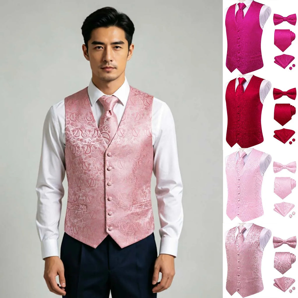Men Red Pink Floral Paisley V Collar Waistcoat Full Business Party Qme