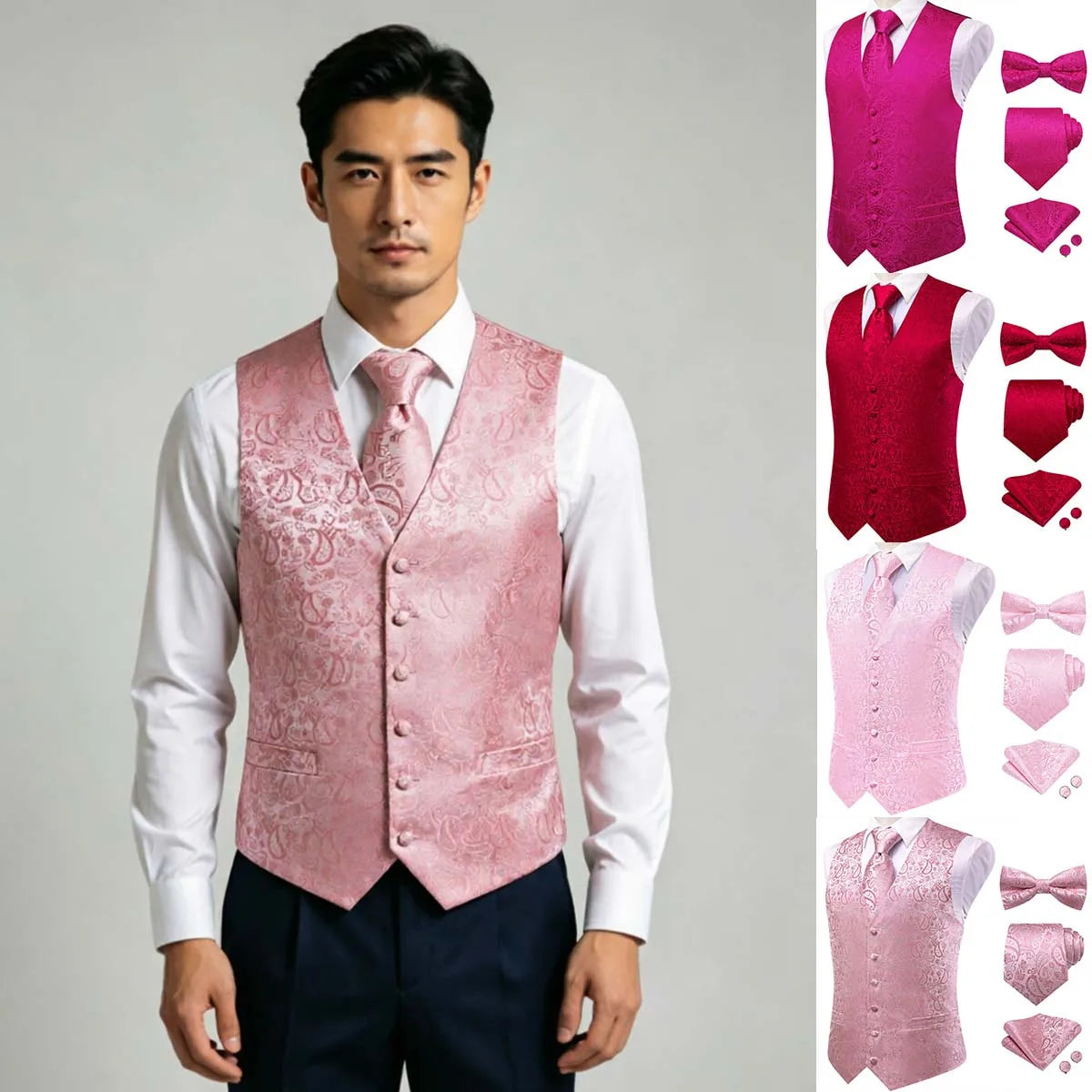 Men Red Pink Floral Paisley V Collar Waistcoat Full Business Party Qme