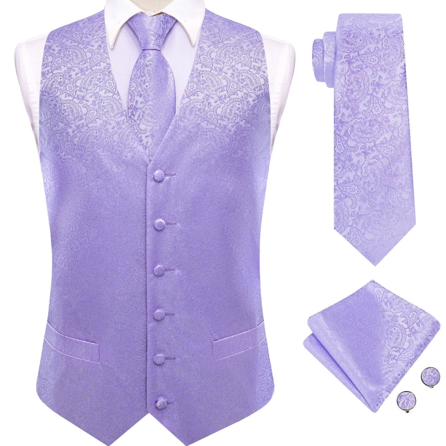 Mens Suit Purple Sky Blue Vest Tie Hanky Cufflinks Set Floral Paisley Waistcoat Sleeveless Jacket Necktie for Wedding Busniess Qme MJTZ3531 XL