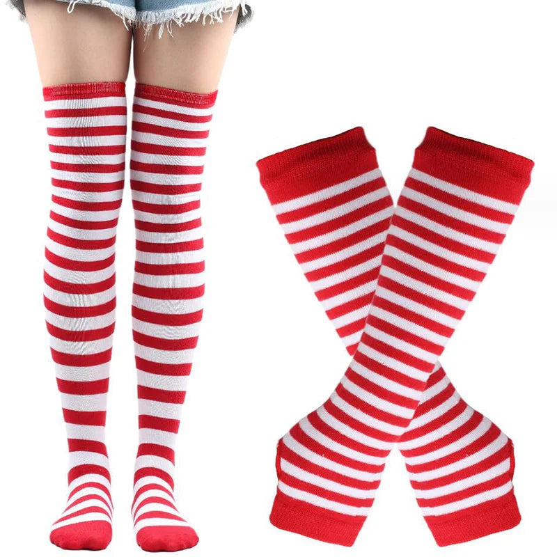 Women Girls Over Knee Long Stripe Thigh Cotton Gothic Lolita Socks Qme Red white One Size