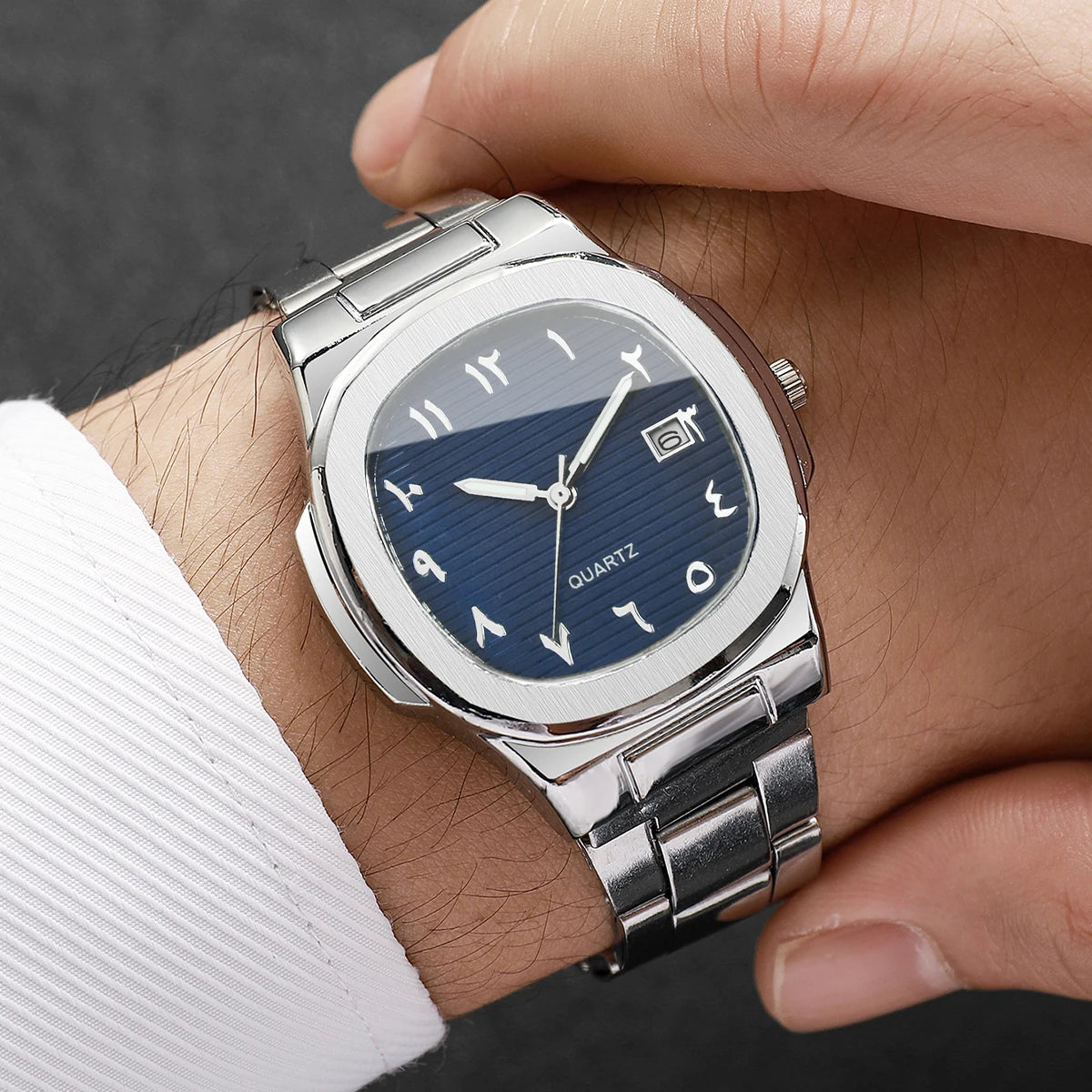Hot Sale 2Pcs Silver Men's Watch Set, Blue & Green Dial Arabic Numeral Watches, Casual Style Qme