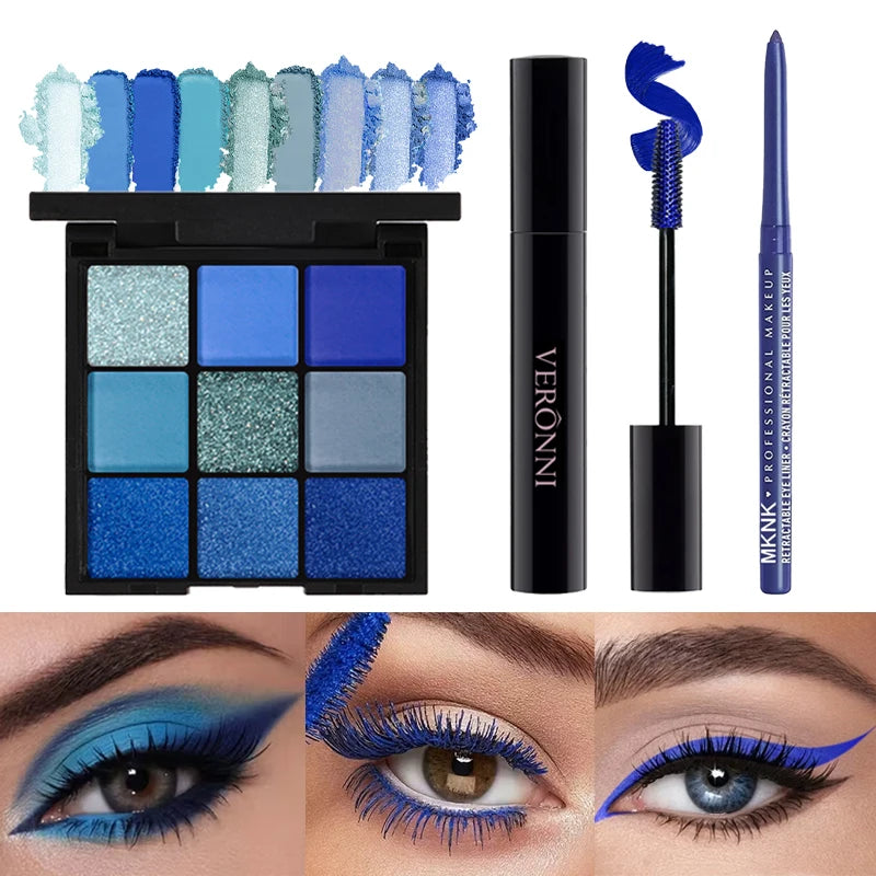Blue Eye Makeup 9 Matte Glitter Eyeshadow Palette+blue Qme