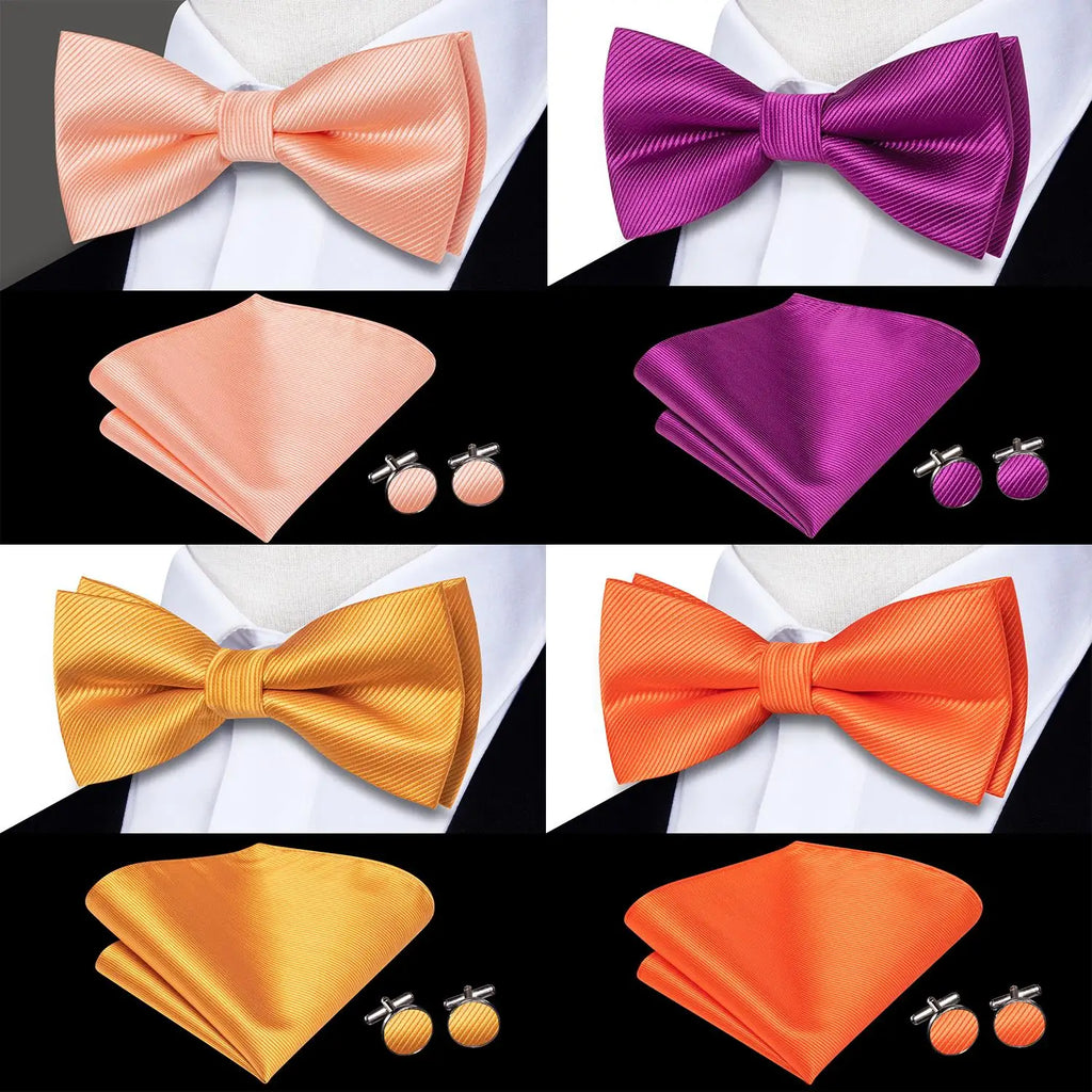 Hi-Tie Men's Bow Tie Handkerchief Cufflinks Set Monochrome Solid Stripe Pre-Tied Wedding Business Qme