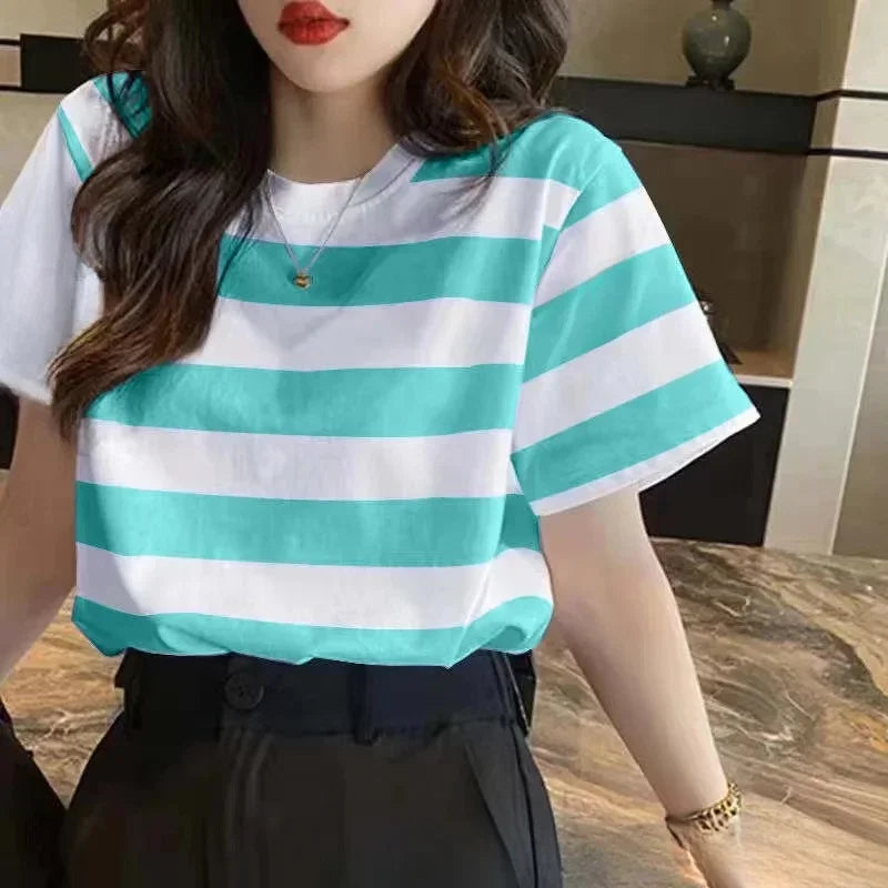 Summer Style Loose-fit Round Neck Short Sleeve Striped Pullover Casual Versatile Round Neck Slim Fit T-shirt Base Layer Shirt Qme Blue S