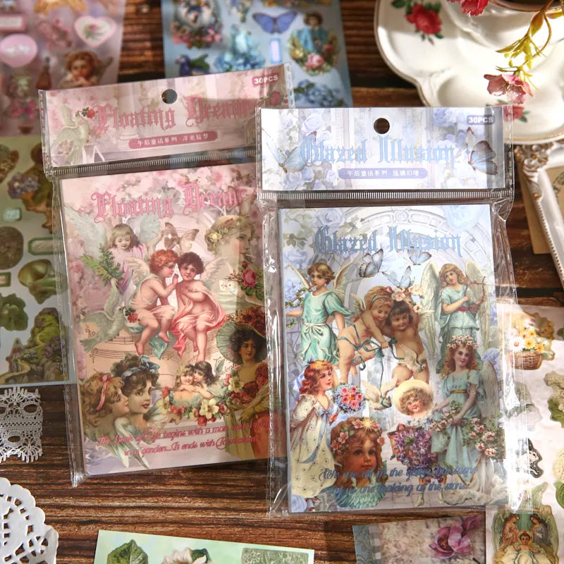 30/60 Pcs Retro Cartoon Die Cut Stickers Book Japanese Stationery for Scrapbooking Handmade Diary Decorative Journal Supplies Qme AB
