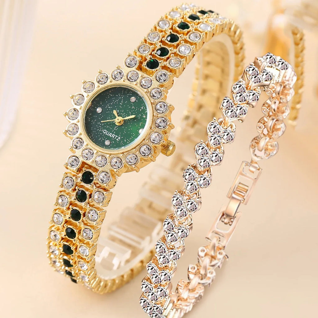 2pcs/set 1pc Ladies Fashion Rhinestone Roman Steel Strap Quartz Watch 1pc Heart Rhinestone Bracelet Set Qme Bronze
