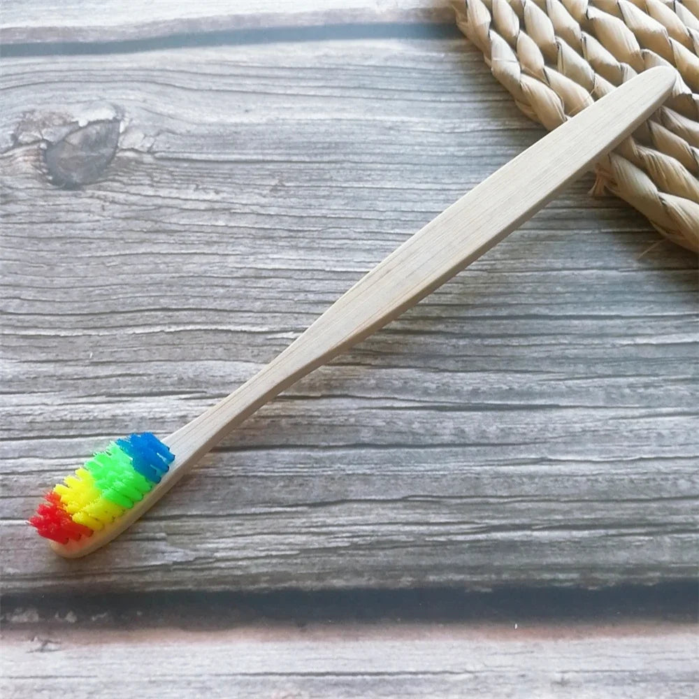 Colorful Natural Bamboo Toothbrush Soft Bristle Charcoal Teeth Whitening Manual Wooden Handle Toothbrushes Soft Dental Oral Care Qme Rainbow 1Pcs