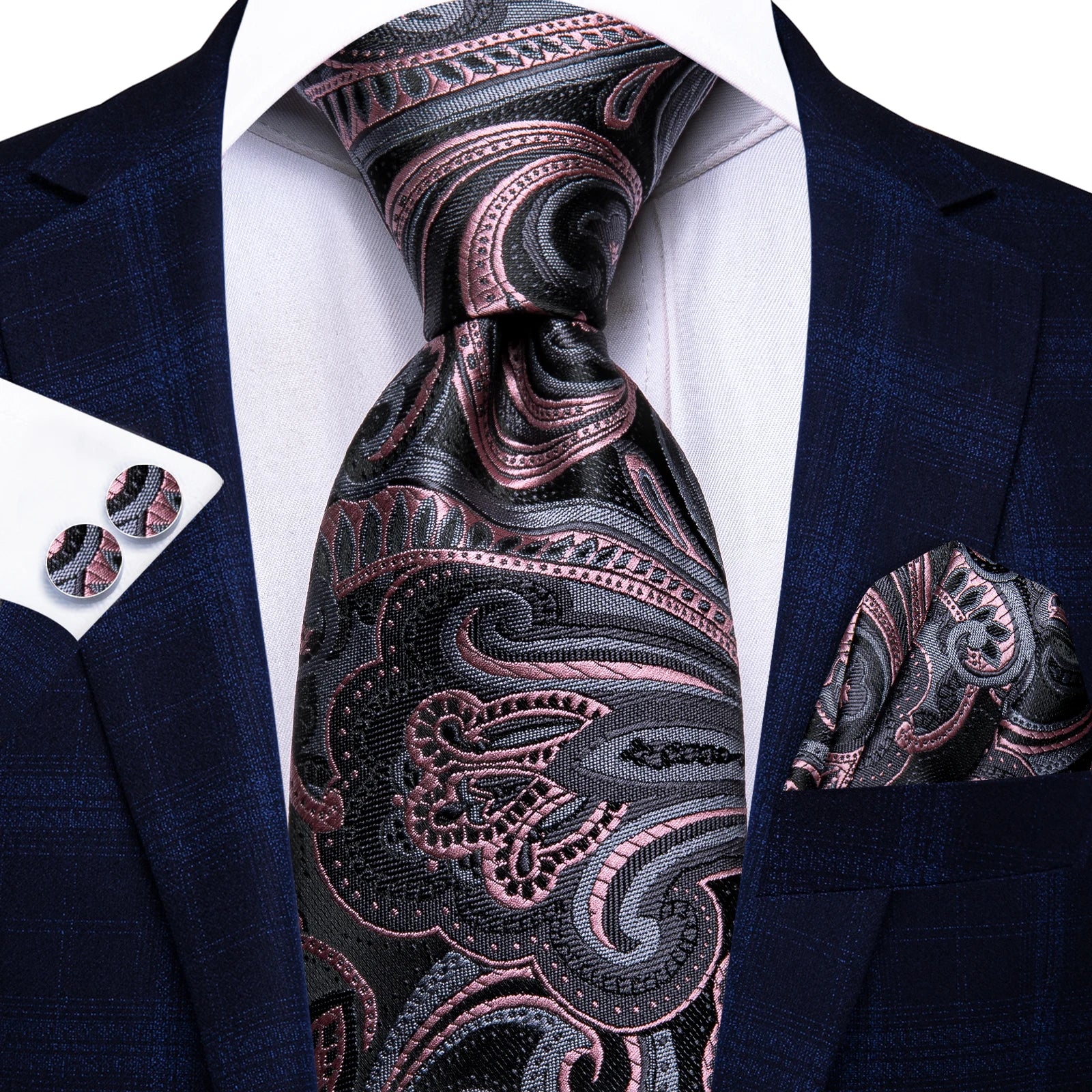 Hi-tie Fashion Black Grey Floral Mens Elegant Tie Handkerchief Qme HT-N-3991