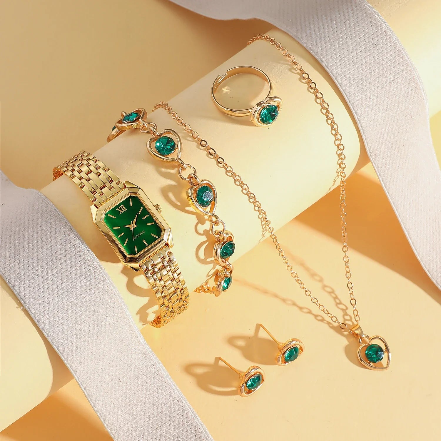 Fashion Light Luxury Square Dial Alloy Strap Women's Quartz Watch Jewelry Set 6 Piece Set for Holiday Gifts Qme green