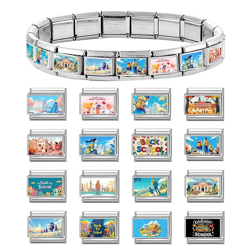 Blue Landscape Sky School Student Schoolbag City Italian Charms Fit 9mm Stainless Steel Women Fashion Bracelet DIY Jewelry Gifts Qme
