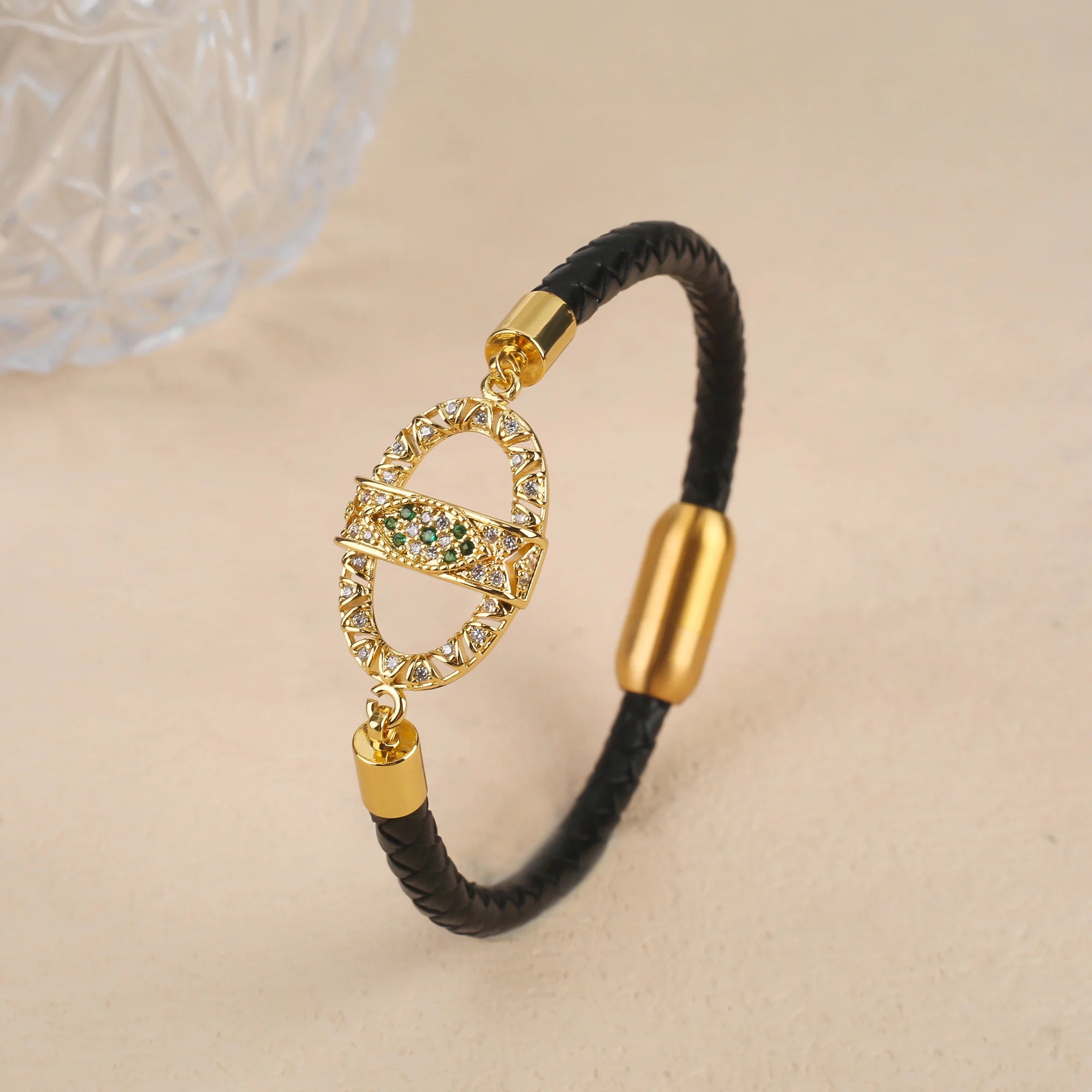 New Domineering Leopard Head Geometric Zircon Bracelet Stainless Steel Magnetic Clasp Bracelet Trendy For Men Women Jewelry Gift Qme D 23cm Black Leather