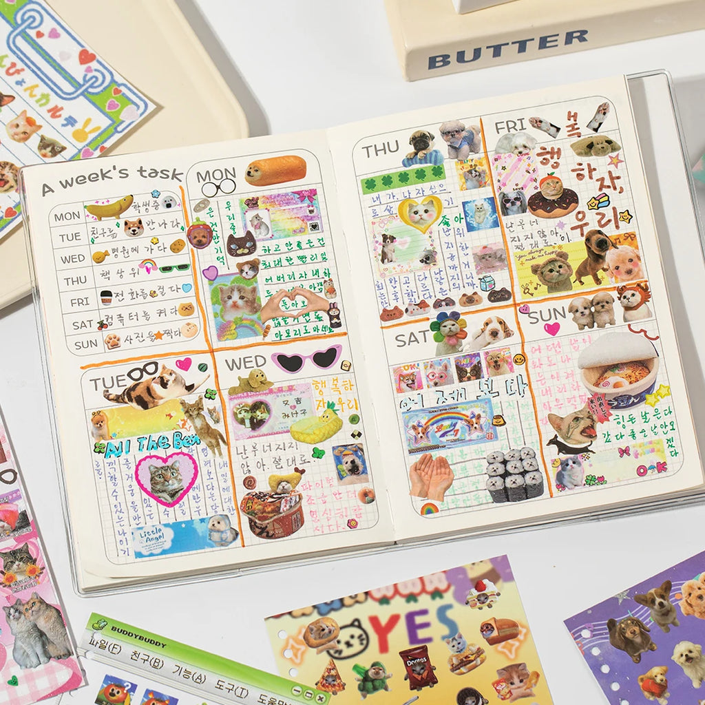 Cute Pets Theme Sticker Book 30 Sheets/Bag with Ring Binding for Scrapbooking DIY Collage Material Background Decoration Qme