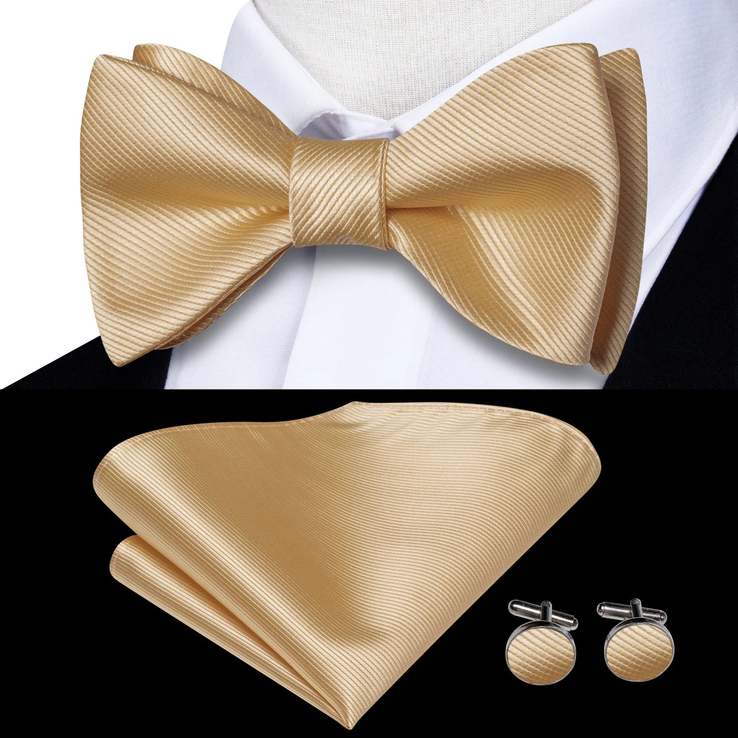 Hi-tie Silk Mens Self Bow Tie Hanky Cufflinks Blue Red Gold Black Qme LH-2101