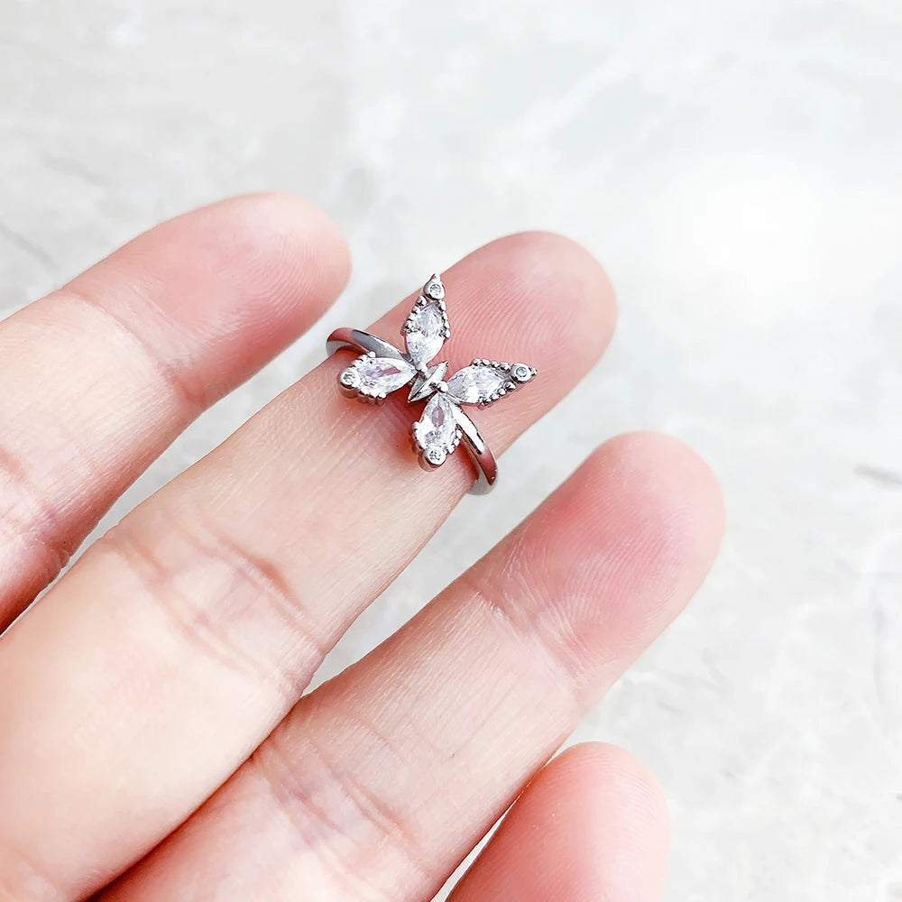 Ring Happy Butterfly White Stones Europe Fine Jewerly For Women Summer Romantic Gift In 925 Sterling Silver Qme