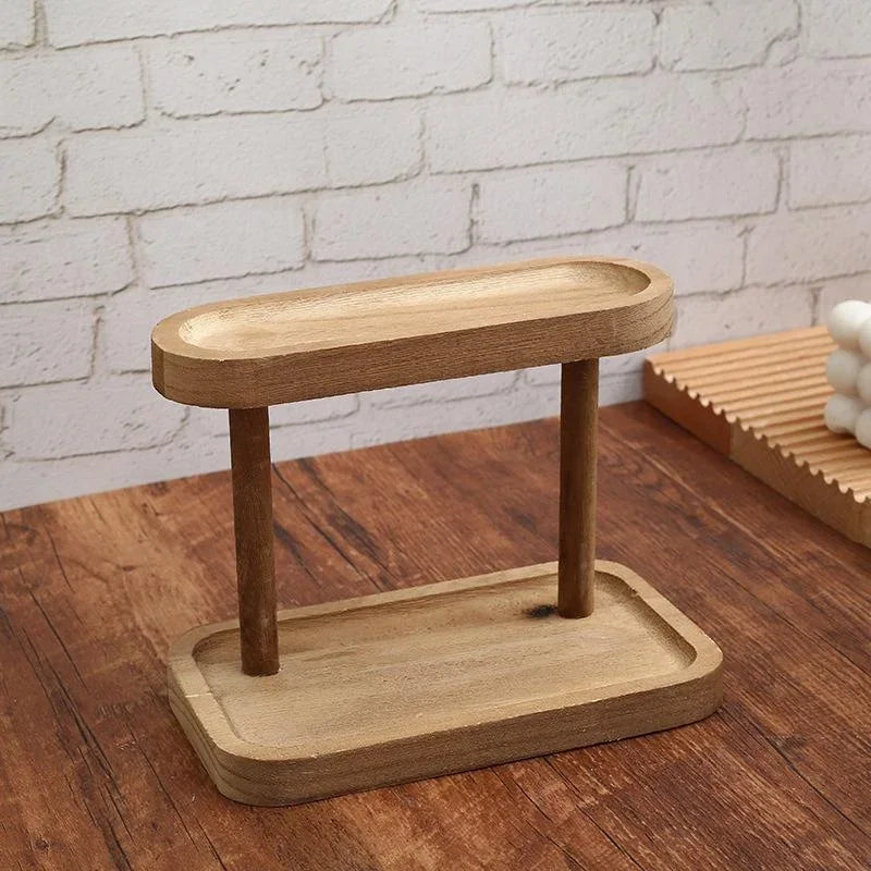 Wooden Double-layer Tray Storage Rack Desktop Cosmetics Jewelry Qme Brown