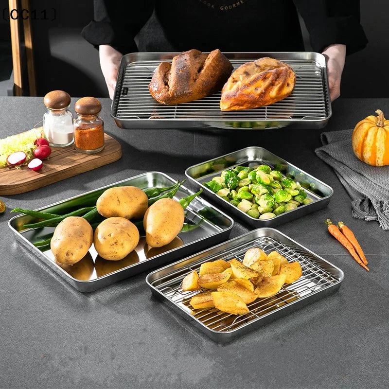Stainless Steel Baking Tray Removable Cooling Rack Non-stick BBQ Pan Qme