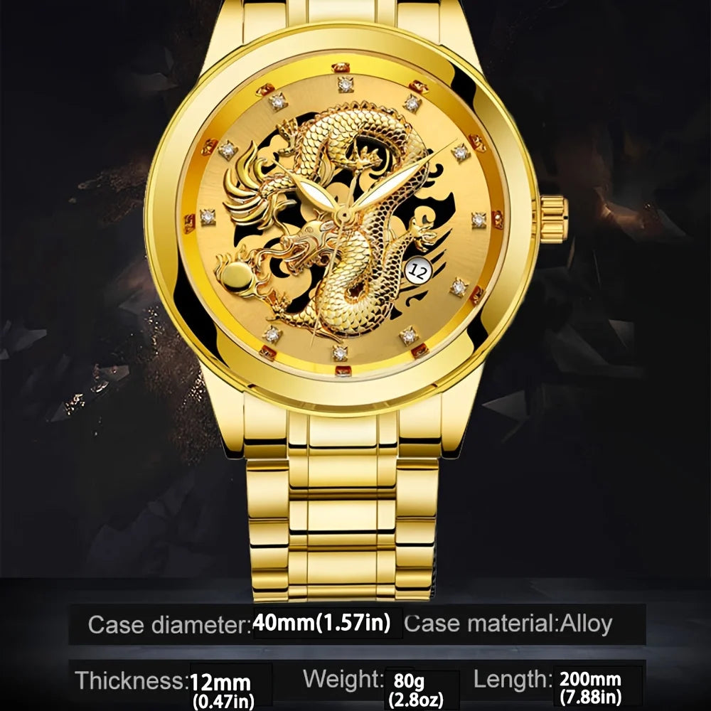 Fashion Men's Watch Chinese Dragon Golden Watch Stainless Steel Calendar Quartz Watch Qme