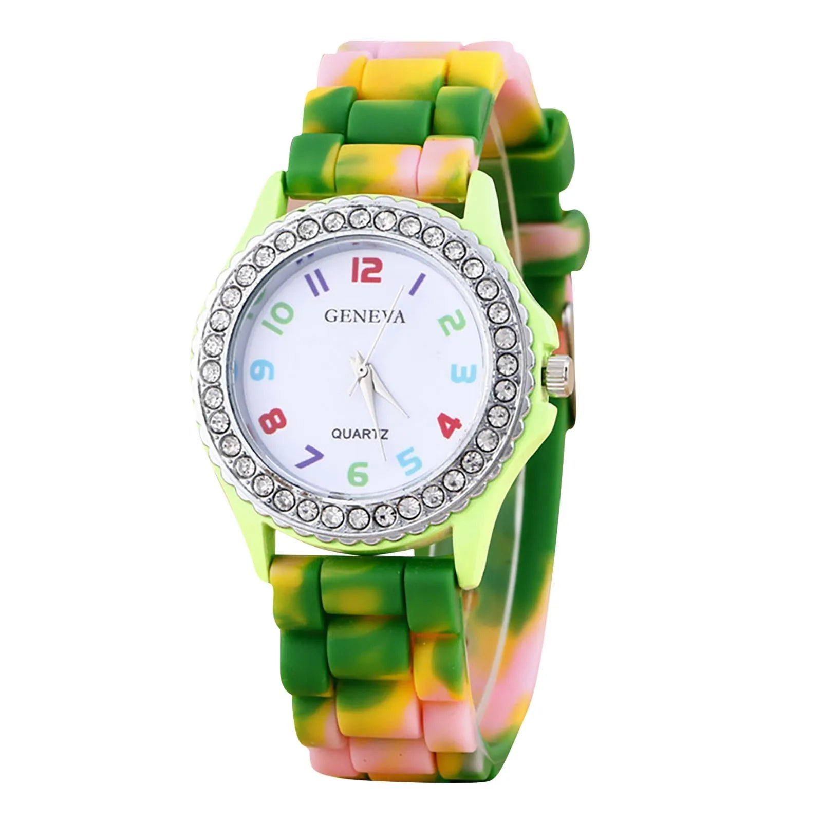 Girls’ Silicone Camouflage Watch Crystal Bling Quartz Wrist Watch Fashion And Cool Casual PU Strap Round Dial With Diamond Watch Qme L