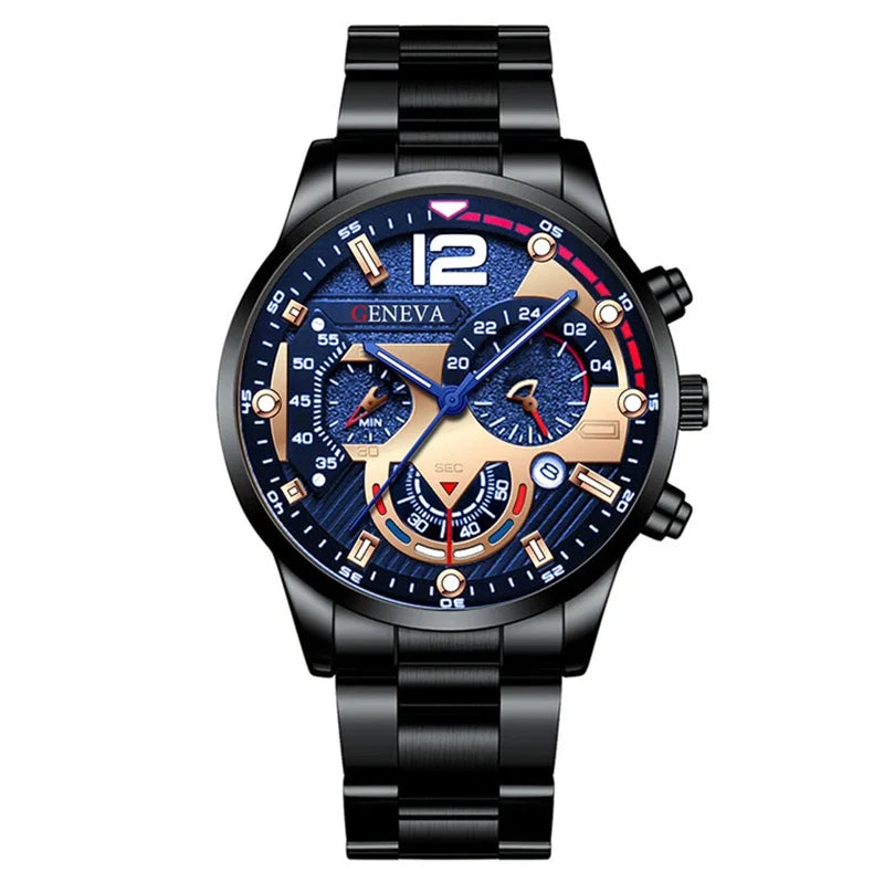 GENEVA Men's Creative Six-Pin Watch Alloy Steel Band Quartz Watch Men Watch New Luxury Men's Quartz WristWatch Qme 3-Black-Blue