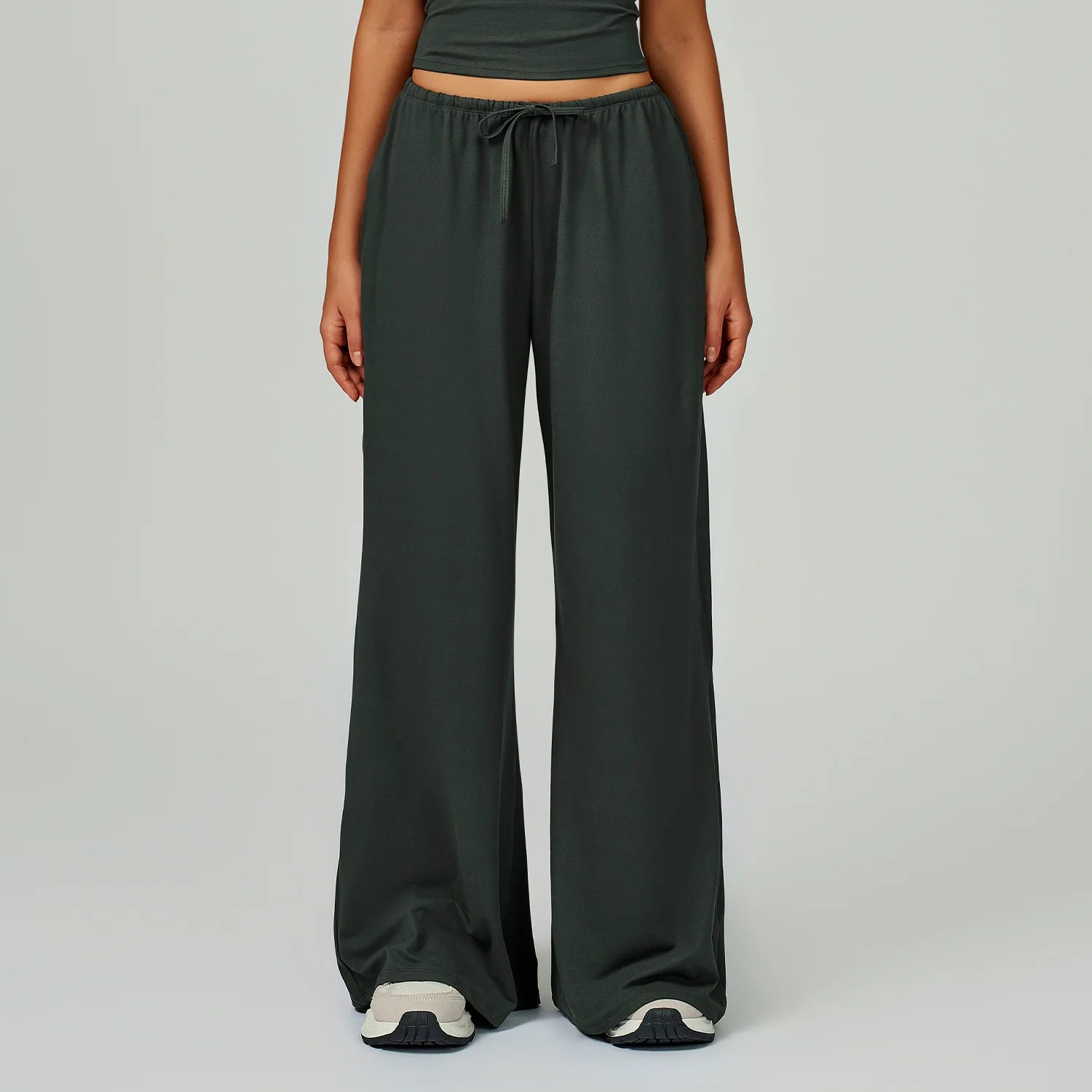 A Women Drawstring High Waist Sports Pants Quick Dry Full Length Wide Leg Yoga Trousers With Pockets For Workout Outdoor Use Qme volcanic ash L