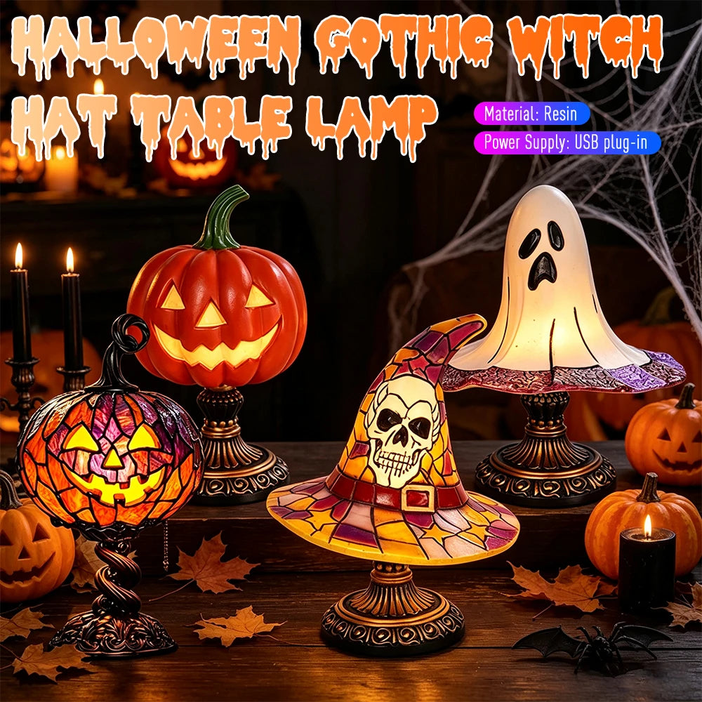 Gothic Witch Hat Pumpkin Resin Night Light Warm Enchanting Glow & Versatile Decorative Lamp for Halloween Home Decoration Qme