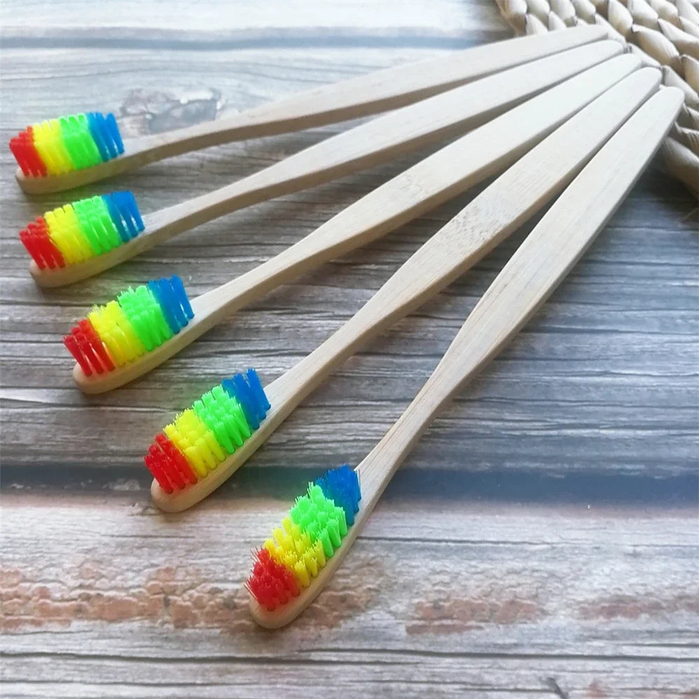 Colorful Natural Bamboo Toothbrush Soft Bristle Charcoal Teeth Whitening Manual Wooden Handle Toothbrushes Soft Dental Oral Care Qme Rainbow 5Pcs