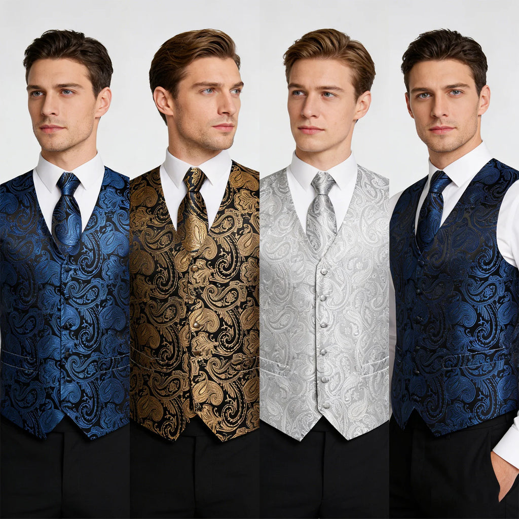 Men's Paisley Suit Vest Tie Formal Waistcoat Necktie Pocket Square Qme