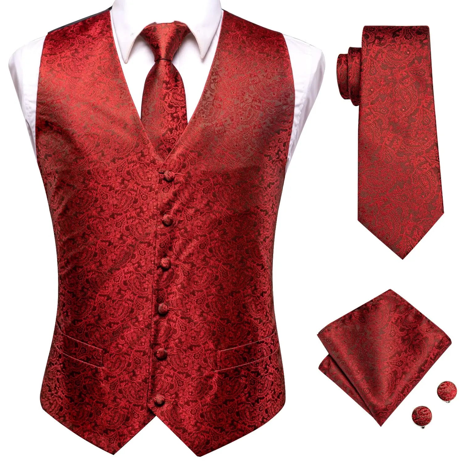Mens Suit Vest Tie Hanky Cufflinks Jacquard Floral Paisley Waistcoat