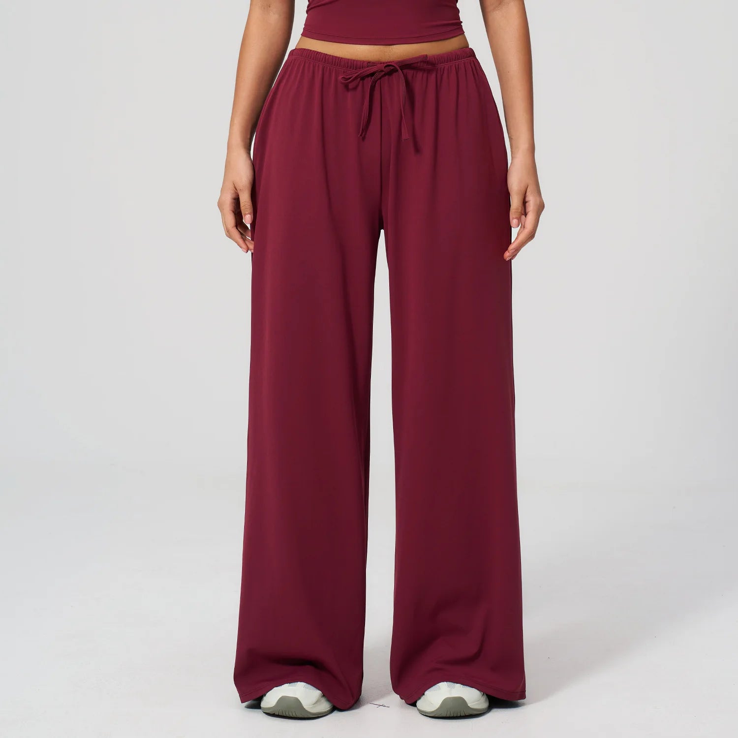 A Women Drawstring High Waist Sports Pants Quick Dry Full Length Wide Leg Yoga Trousers With Pockets For Workout Outdoor Use Qme Cherry red L