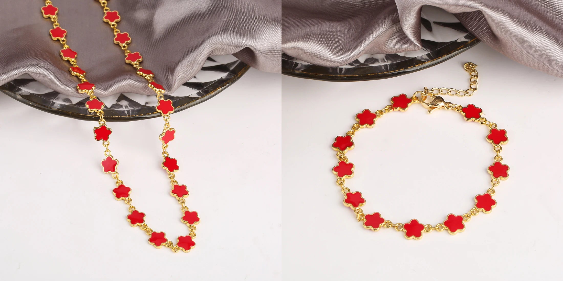 Classic 7 Color Copper Drip Oil Five-Leaf Flower Bracelet Necklace Pentagram Jewelry Set For Women Wedding Party Daily Wear Qme 1