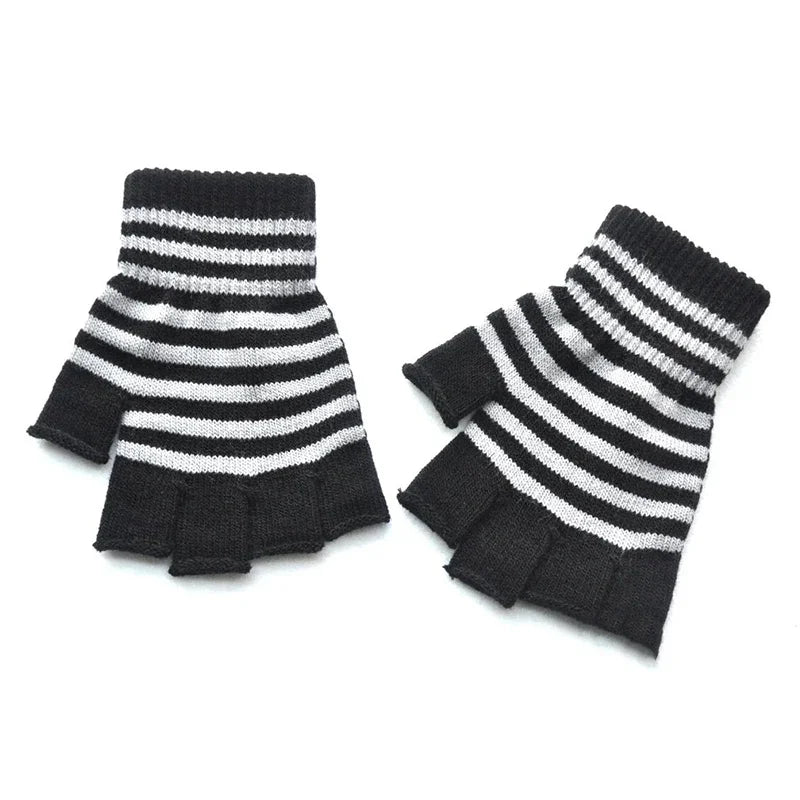 1Pair Black Stripe Half Finger Fingerless Gloves for Women and Men Knit Wrist Cotton Winter Warm Outdoor Gothic Lolita Mittens Qme black gray One Size