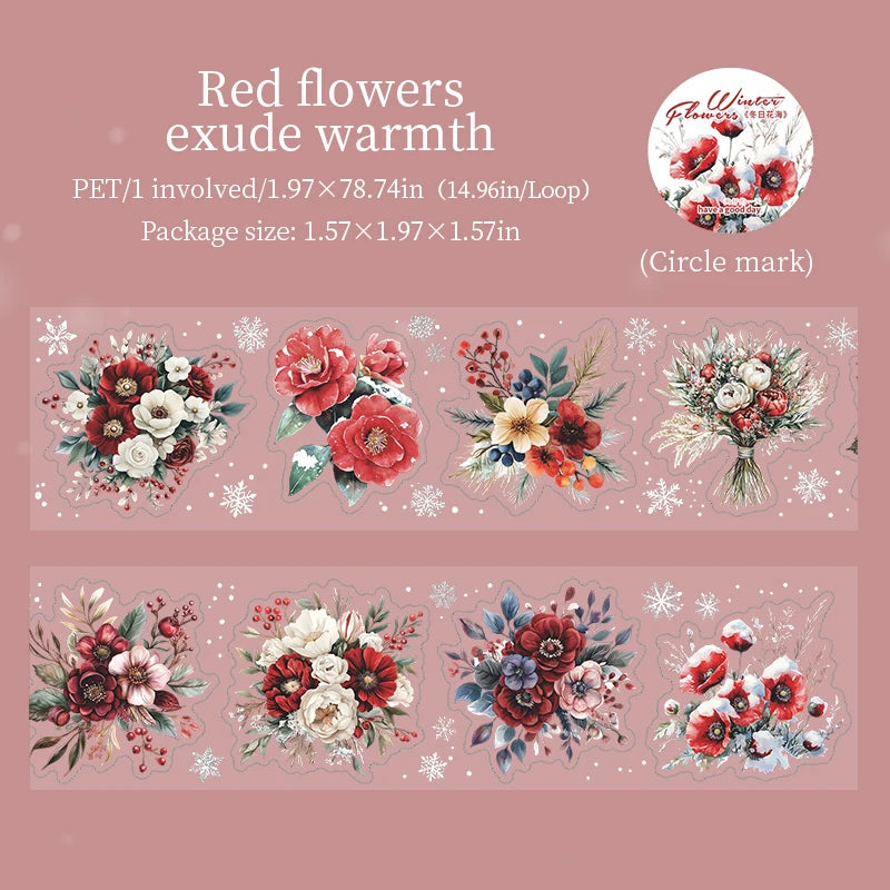 1 Roll Winter Floral Theme PET Material Die-Cut Tape for Journal Diary DIY Scrapbook Collage Decoration Supplies Qme 2
