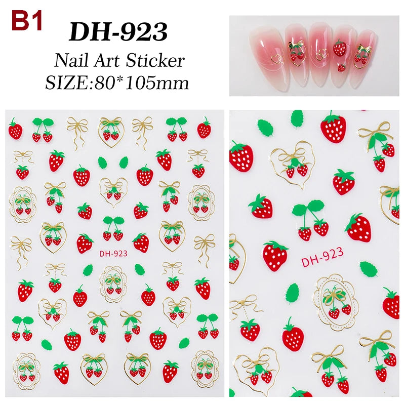 Fresh Sweet Fruits Strawberry Cherry Bowknot Love Heart Bow 5D Nail Qme B1