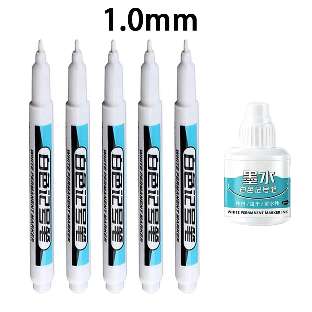 White Marker Pens 0.7/1.0/1.5/2.5mm Oily Waterproof White Gel Pen And Ink DIY Graffiti Markers Stationery Wrting Supplies Qme 1.0mm-5Pens-1ink