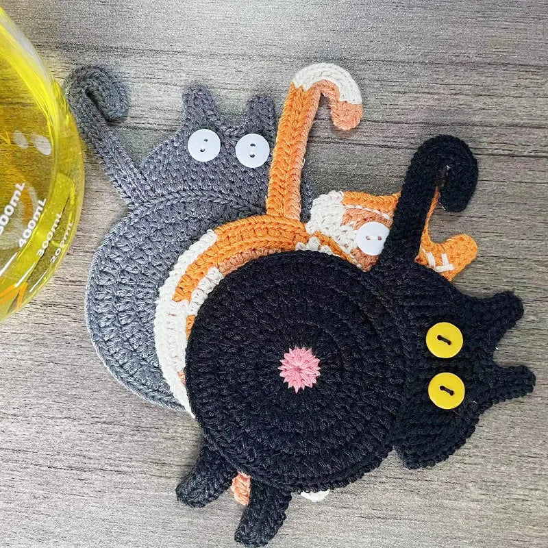Knitted Cat Butt Coasters Cute Shaped Drink Mats Home Dining Table Qme
