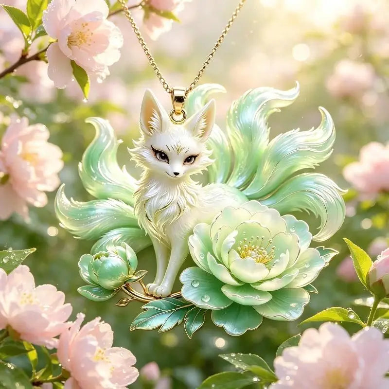 Nine Tailed Fox Pendant Necklace Unique Peony Flower Design Gold Plated Jewelry for Women Gifts Qme