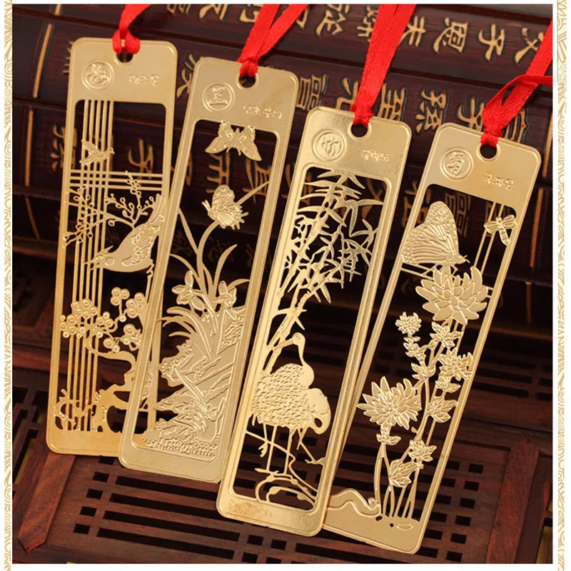 Chinese Style Bookmarks Creative Metal Hollow Out Metal Book Mark Tasse With Red Knot For Kids Students Gifts School Supplies Qme 4Pcs Random style