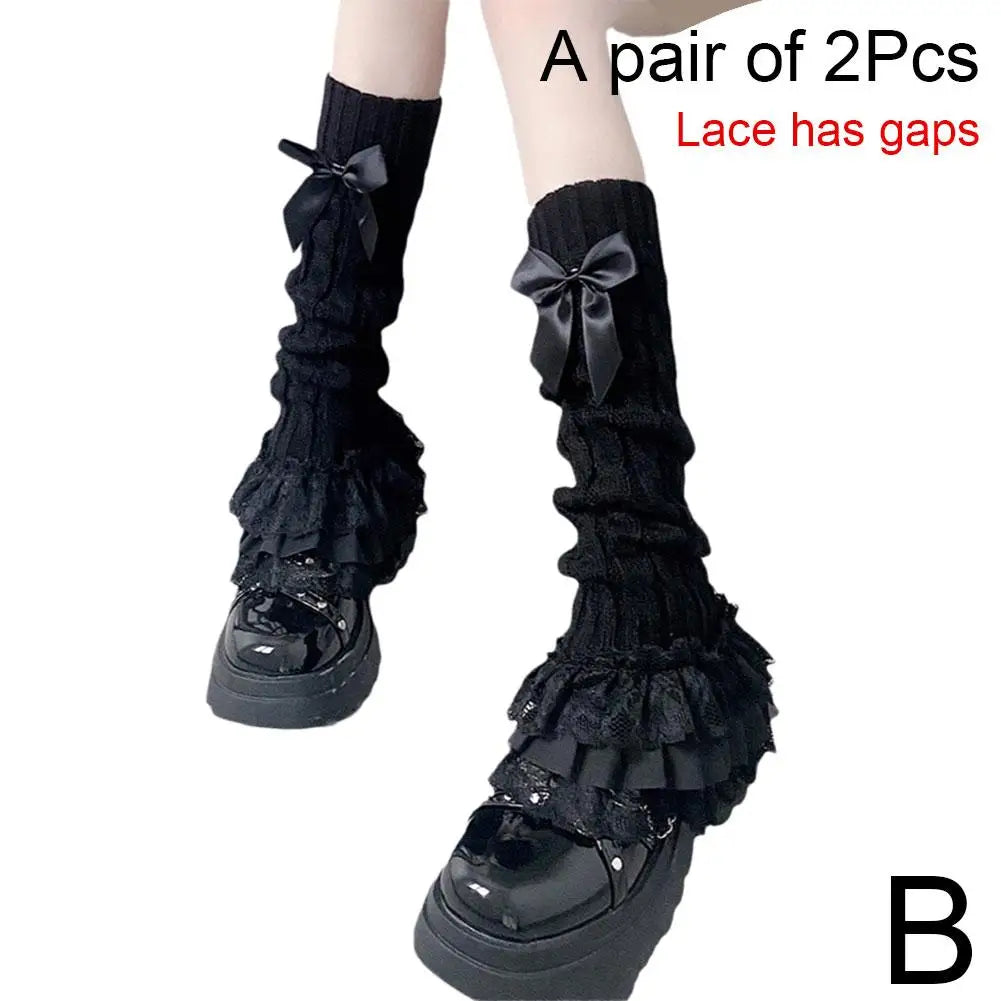 Japanese Women Knitted Leg Warmer Bow Tiered Ruffled Socks Girl Lace Lolita Socks Calf T-shaped Lace Leg Horn Warmers Women Qme B One Size