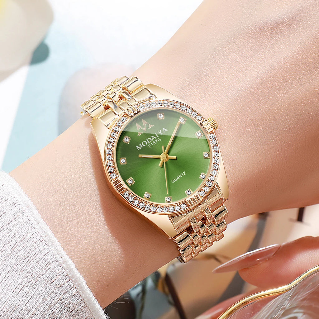 Luxury Women's Crystal Watch, Rose Gold Tone with Green Dial, Everyday Wear Qme