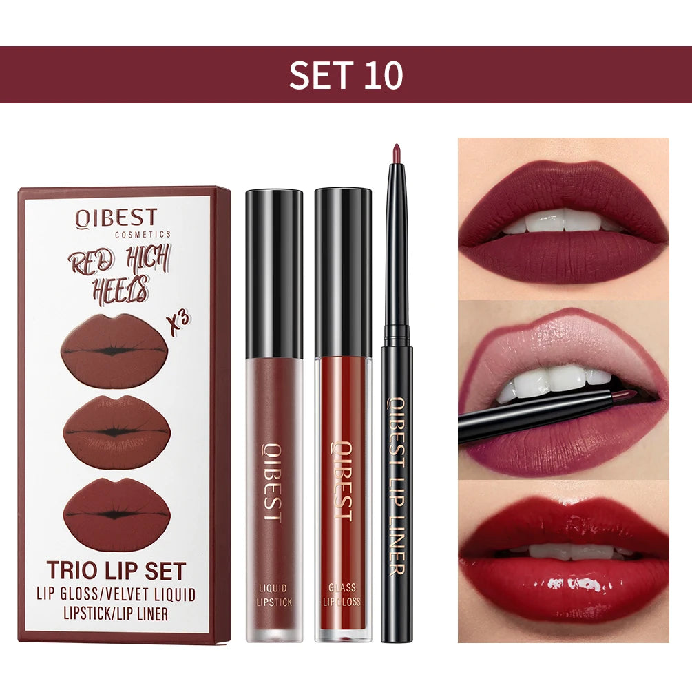QIBEST Matte Liquid Lipstick&Lip Liner&Lip Gloss 3Pcs Sets Long Lasting Non-stick Cup Red Black Purple Lip Tint Cosmetics Kits Qme 10