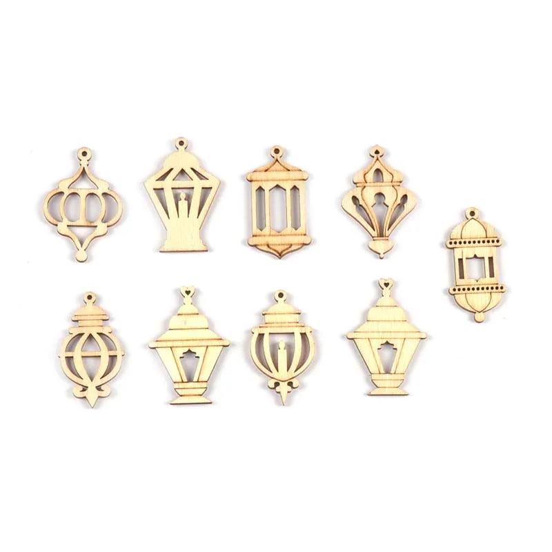 25pcs 2.5x4cm Mixed Eid Mubarak Wooden Pendants Crafts Hanging Ornaments Ramadan Wood DIY Supplies Home Muslim Islamic Party Dec Qme