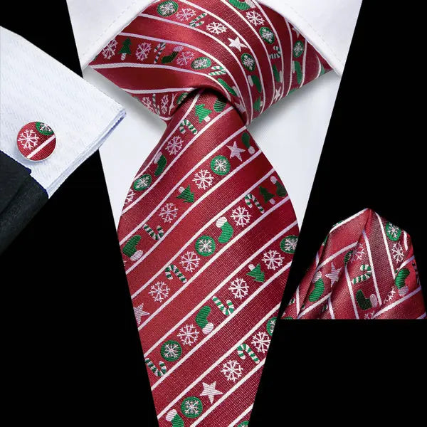 Christmas Red Tie Set 3 Pieces Men Necktie Pocket Square Cufflinks Xmas Wedding Party Suit Accessories Gifts for silk Boyfriend Qme HT-LDSN0036