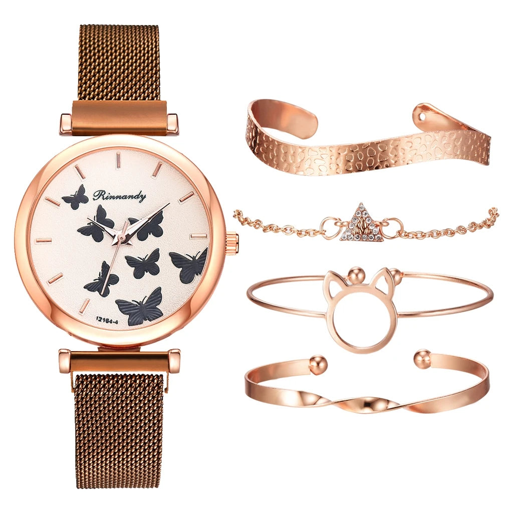5PCS Bracelet Watches Set Fashion Women Rose Gold Mesh Belt Wristwatches Quartz Watch for Women Business Clock Relogio Feminino Qme H2-CO-RG