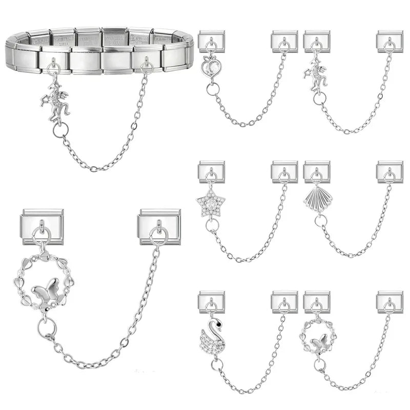 Peach Shiny Zircon Horse Swan Tassel Chain Italian Charm Links Fit 9mm Stainless Steel Bracelet Women Jewelry DIYMaking Gift Qme