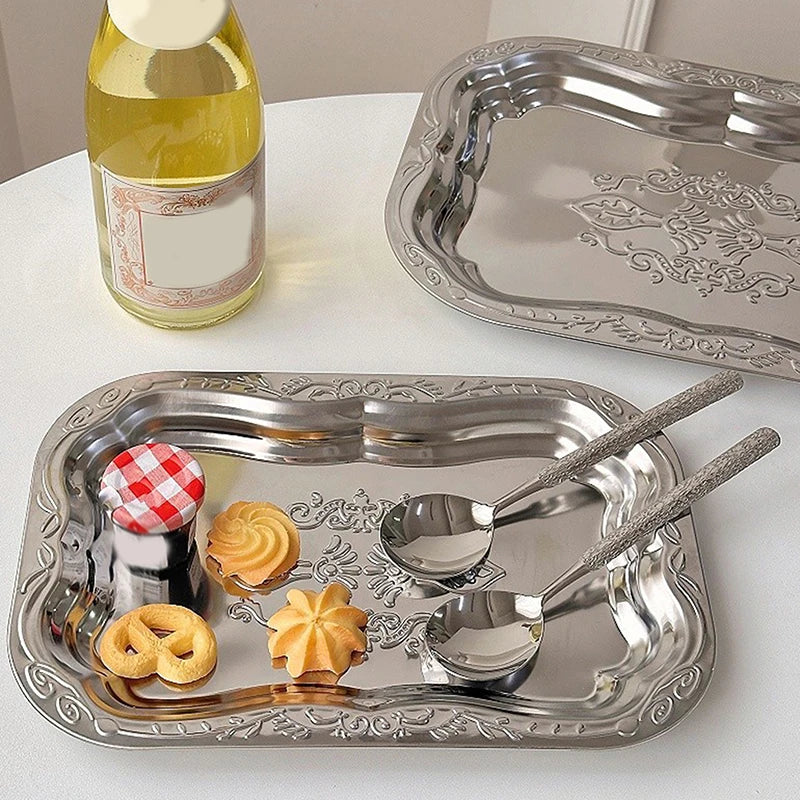 Stainless Steel Rectangular Tray Embossed Design Kitchen Living Room Qme