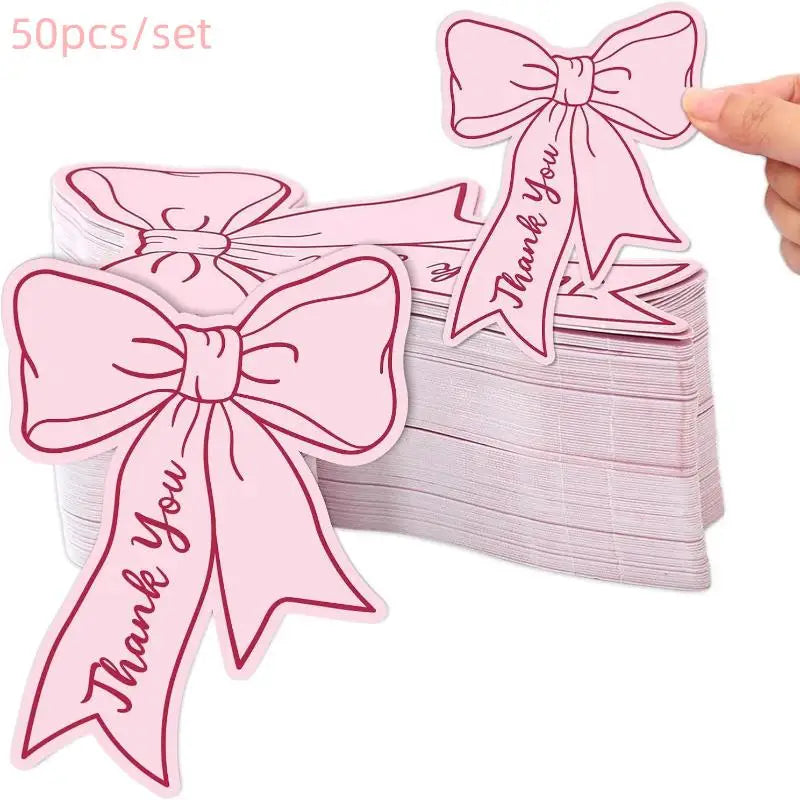 50pcs Bow DIY Handwritten Family Party Gift Card Child Birthday Gift Card Restaurant Business Mini Thank You Card Qme Pink